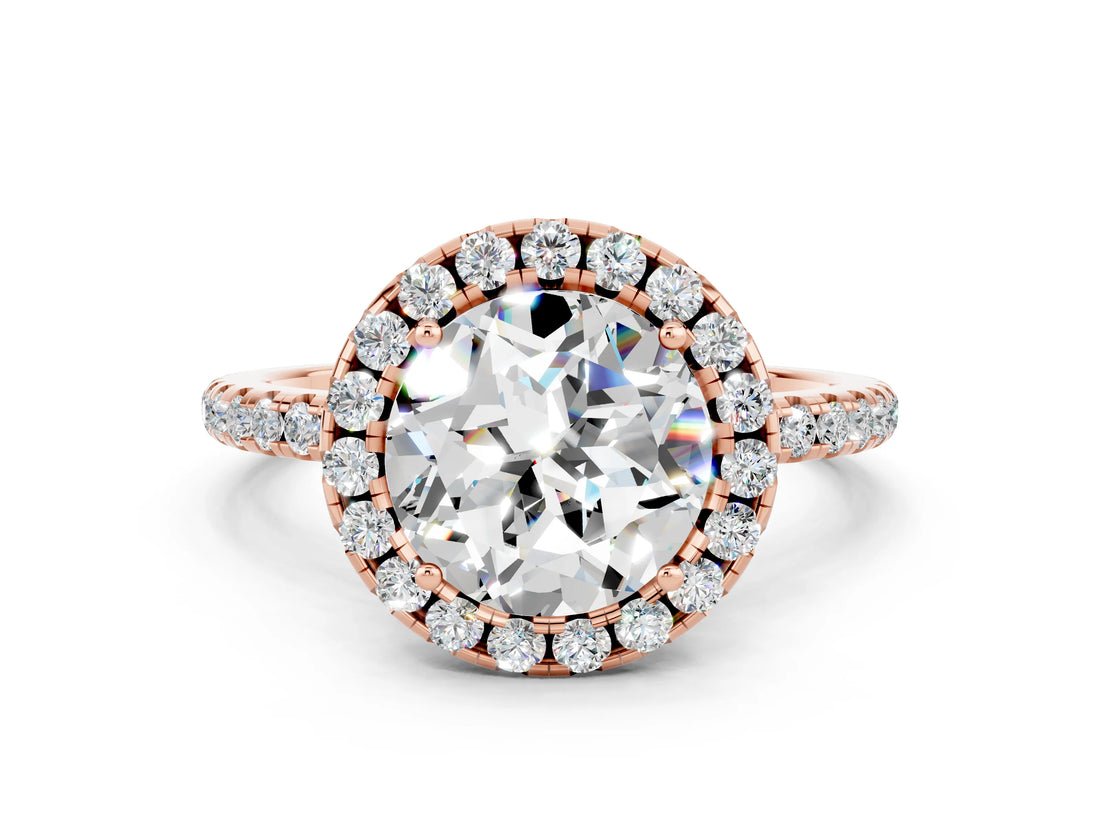 Rose gold Round Cut Halo Round Diamond Pavé Band Four-Prong Ring