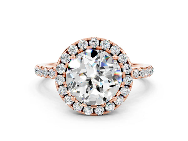 Rose gold Round Cut Moissanite Halo Ring with Round Pavé Band and Prong Setting