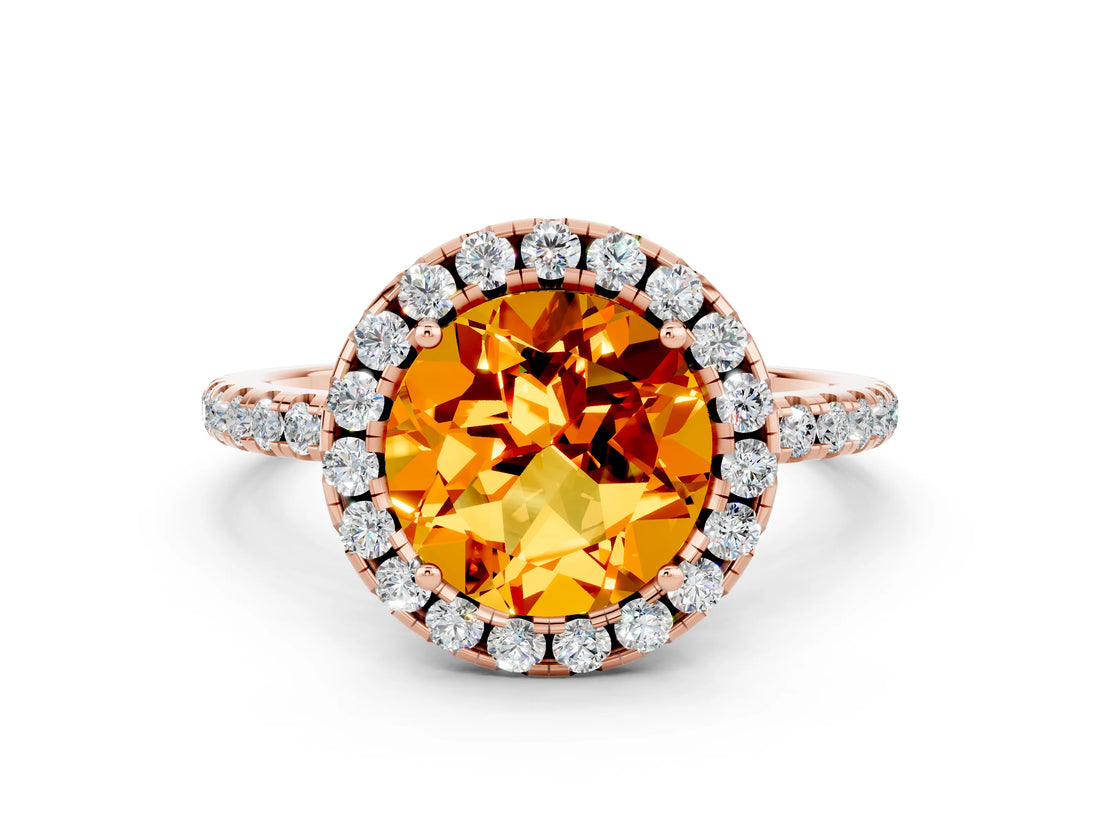Rose gold Round Cut Halo Round Diamond Pavé Band Four-Prong Ring