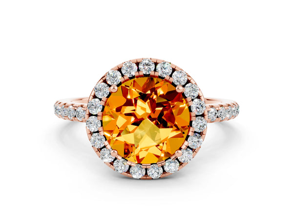 Rose gold Round Cut Citrine Halo Ring with Round Pavé Band and Prong Setting