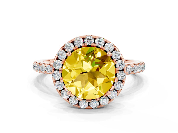 Rose gold Round Cut Yellow Sapphire Halo Ring with Round Pavé Band and Prong Setting