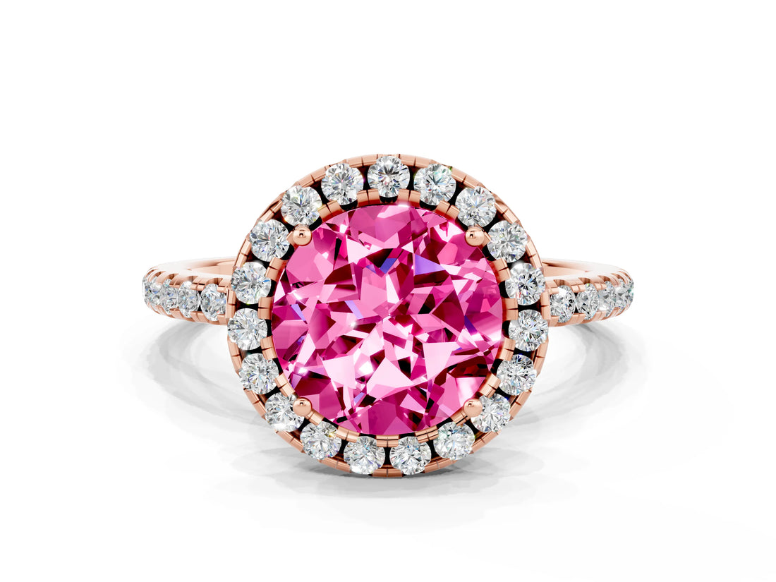 Rose gold Round Cut Halo Round Diamond Pavé Band Four-Prong Ring