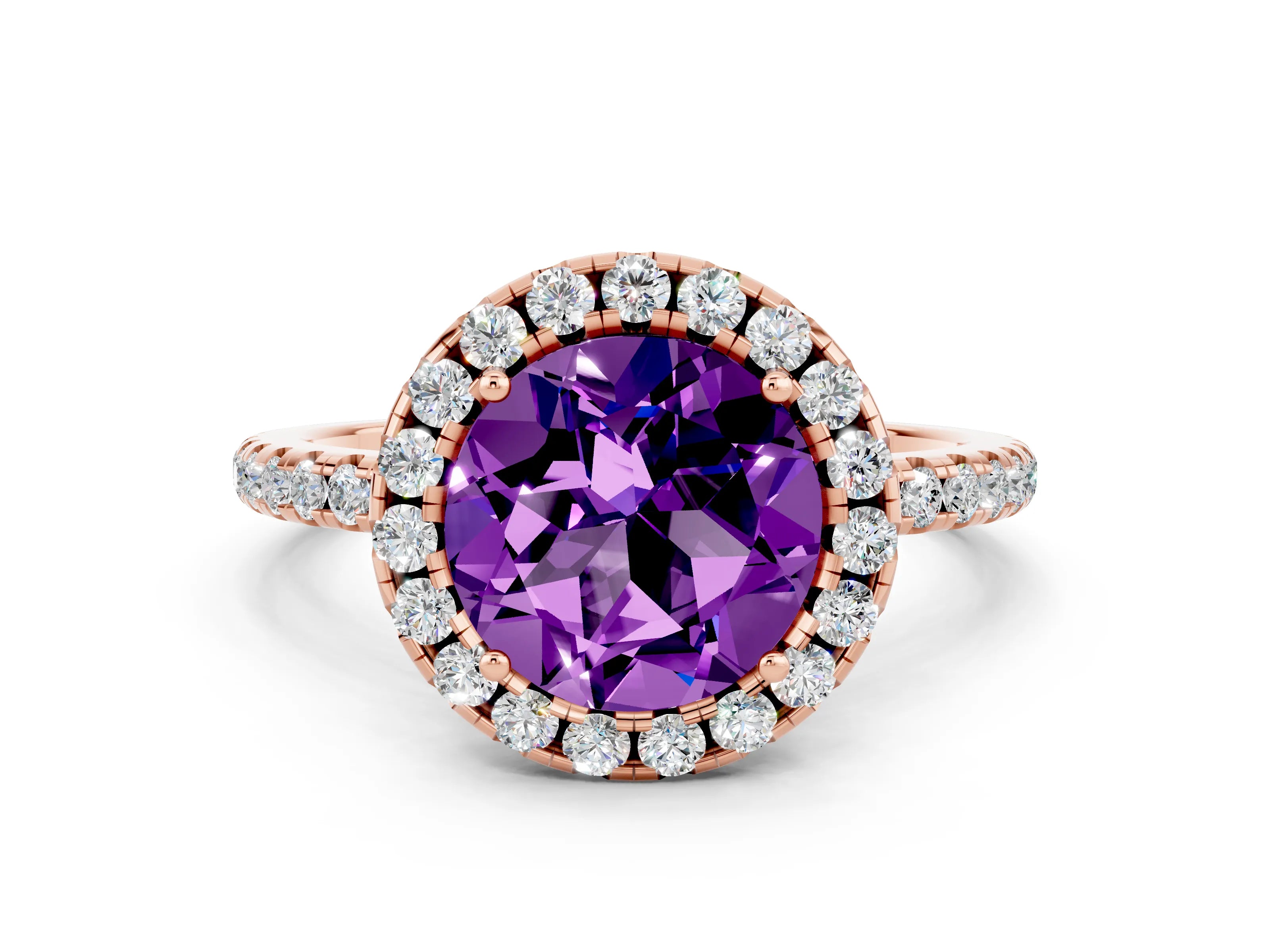 Rose gold Round Cut Halo Round Diamond Pavé Band Four-Prong Ring