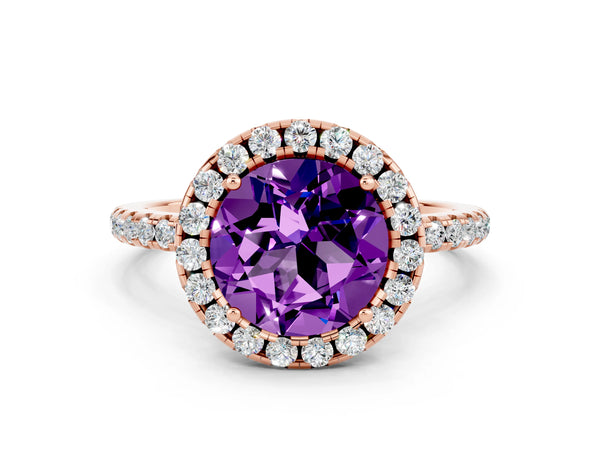Rose gold Round Cut Amethyst Halo Ring with Round Pavé Band and Prong Setting