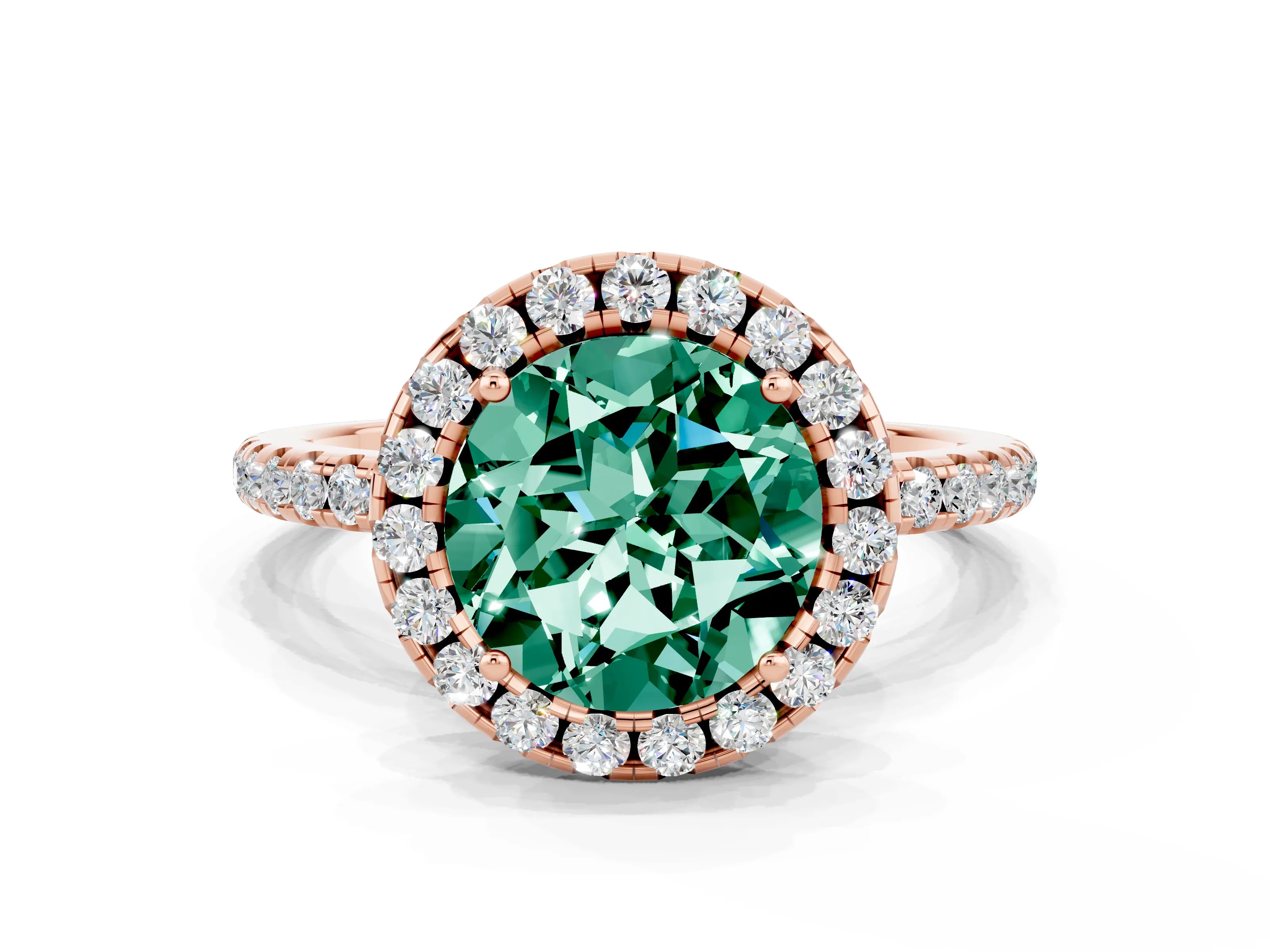 Rose gold Round Cut Halo Round Diamond Pavé Band Four-Prong Ring