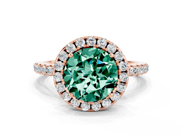 Rose gold Round Cut Green Sapphire Halo Ring with Round Pavé Band and Prong Setting