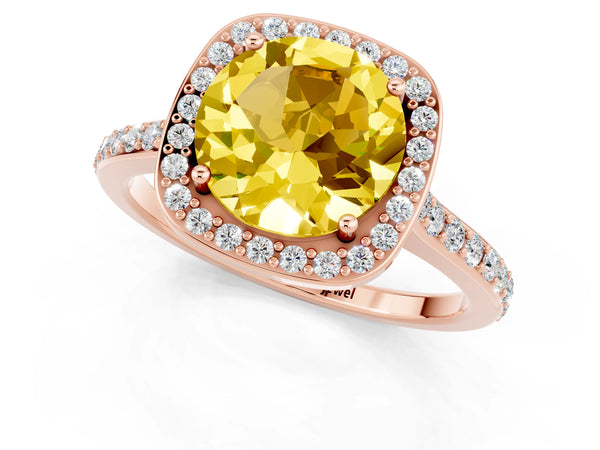 Rose gold Round Cut Yellow Sapphire Halo Engagement Ring with Round Pavé Shoulders and Prong Setting