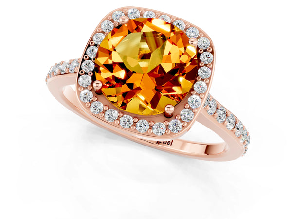 Rose gold Round Cut Citrine Halo Engagement Ring with Round Pavé Shoulders and Prong Setting
