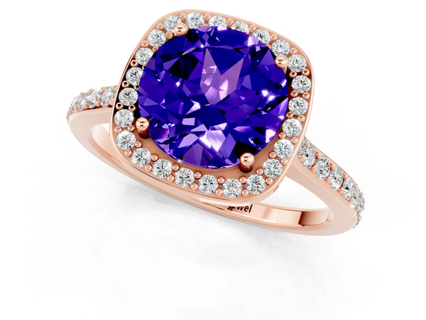 Rose gold Round Cut Tanzanite Halo Engagement Ring with Round Pavé Shoulders and Prong Setting