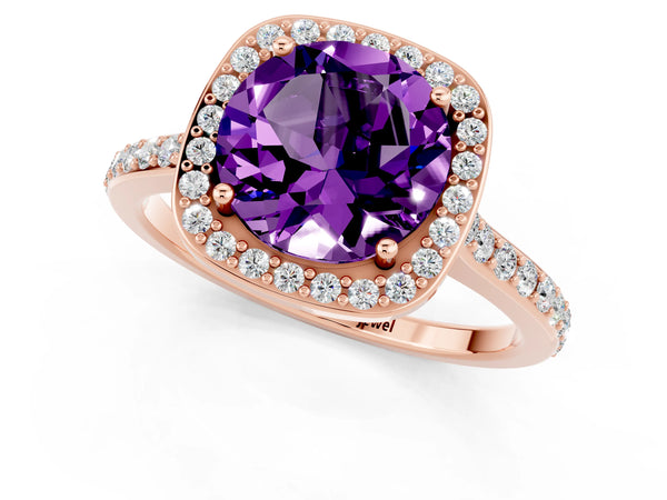 Rose gold Round Cut Amethyst Halo Engagement Ring with Round Pavé Shoulders and Prong Setting
