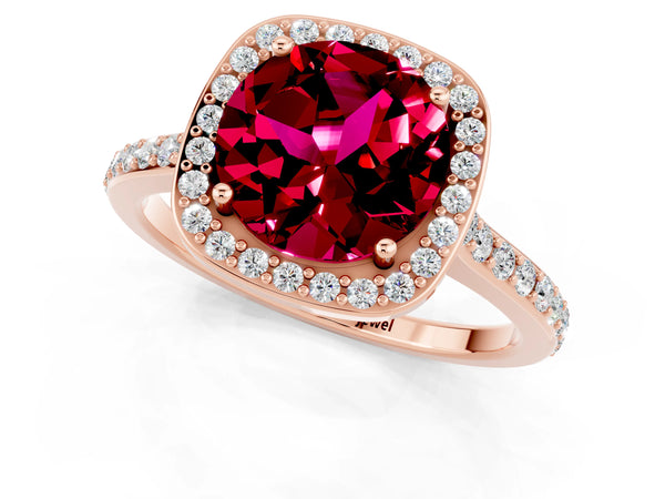 Rose gold Round Cut Garnet Halo Engagement Ring with Round Pavé Shoulders and Prong Setting