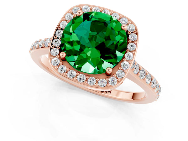 Rose gold Round Cut Emerald Halo Engagement Ring with Round Pavé Shoulders and Prong Setting