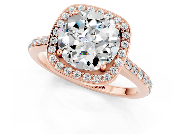 Rose gold Round Cut Moissanite Halo Engagement Ring with Round Pavé Shoulders and Prong Setting
