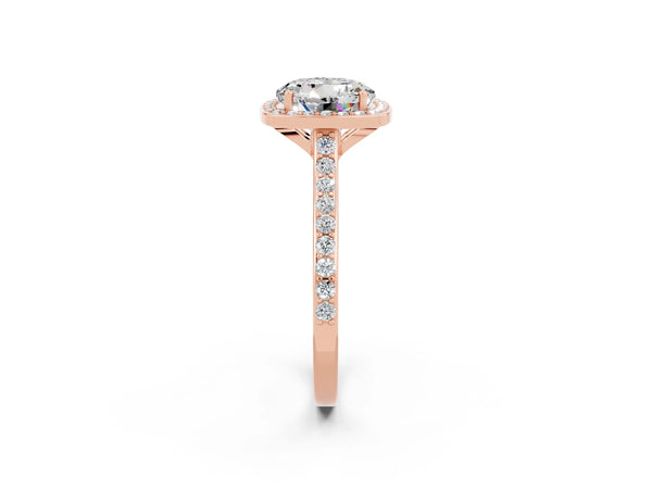 Rose gold Round Cut Moissanite Halo Engagement Ring with Round Pavé Shoulders and Prong Setting