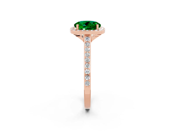 Rose gold Round Cut Emerald Halo Engagement Ring with Round Pavé Shoulders and Prong Setting