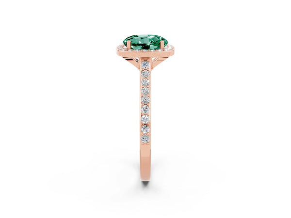 Rose gold Round Cut Green Sapphire Halo Engagement Ring with Round Pavé Shoulders and Prong Setting