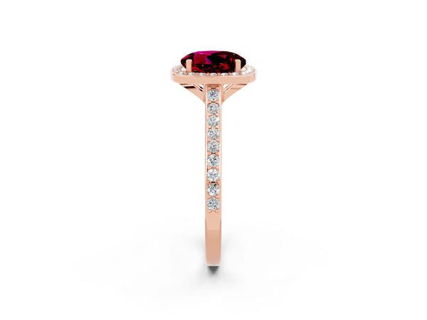 Rose gold Round Cut Garnet Halo Engagement Ring with Round Pavé Shoulders and Prong Setting