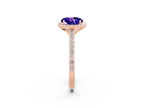 Rose gold Round Cut Tanzanite Halo Engagement Ring with Round Pavé Shoulders and Prong Setting