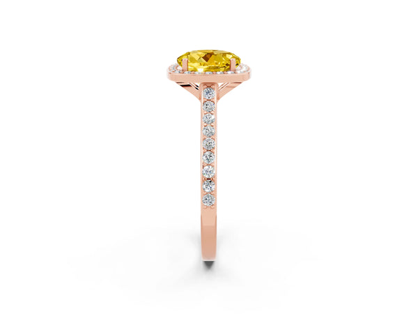 Rose gold Round Cut Yellow Sapphire Halo Engagement Ring with Round Pavé Shoulders and Prong Setting