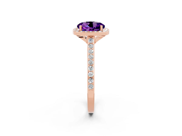 Rose gold Round Cut Amethyst Halo Engagement Ring with Round Pavé Shoulders and Prong Setting