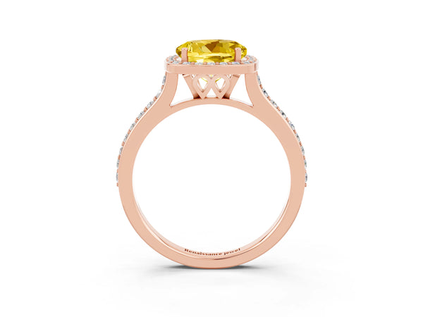 Rose gold Round Cut Yellow Sapphire Halo Engagement Ring with Round Pavé Shoulders and Prong Setting