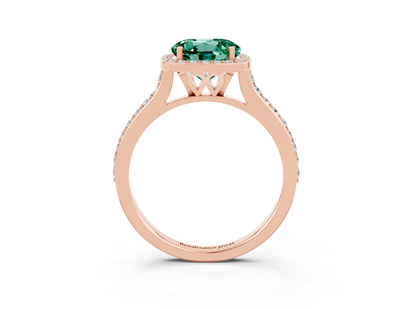 Rose gold Round Cut Green Sapphire Halo Engagement Ring with Round Pavé Shoulders and Prong Setting
