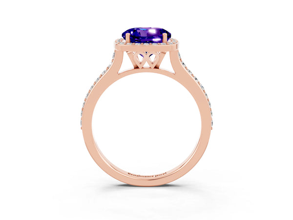 Rose gold Round Cut Tanzanite Halo Engagement Ring with Round Pavé Shoulders and Prong Setting