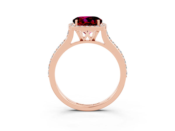 Rose gold Round Cut Garnet Halo Engagement Ring with Round Pavé Shoulders and Prong Setting