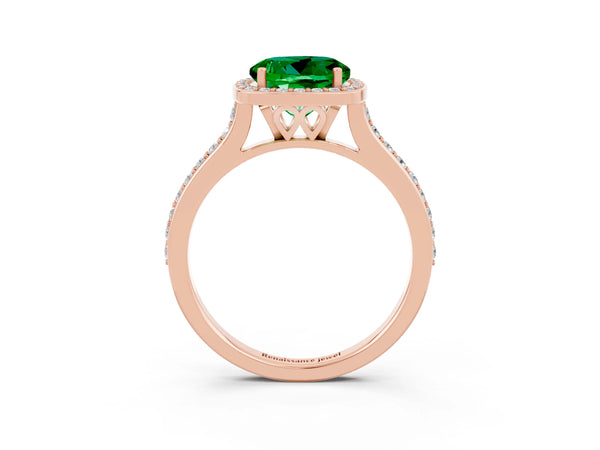 Rose gold Round Cut Emerald Halo Engagement Ring with Round Pavé Shoulders and Prong Setting