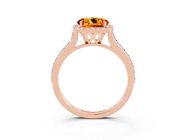 Rose gold Round Cut Citrine Halo Engagement Ring with Round Pavé Shoulders and Prong Setting