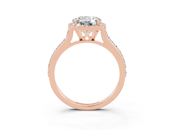Rose gold Round Cut Moissanite Halo Engagement Ring with Round Pavé Shoulders and Prong Setting