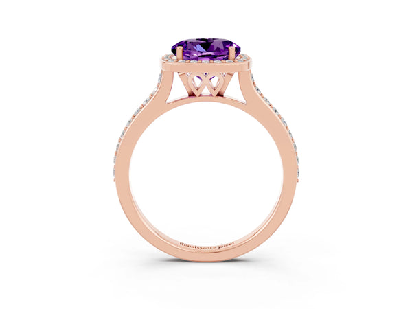 Rose gold Round Cut Amethyst Halo Engagement Ring with Round Pavé Shoulders and Prong Setting