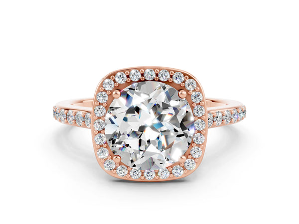 Rose gold Round Cut Moissanite Halo Engagement Ring with Round Pavé Shoulders and Prong Setting