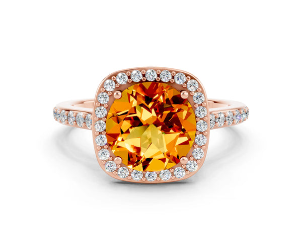 Rose gold Round Cut Citrine Halo Engagement Ring with Round Pavé Shoulders and Prong Setting
