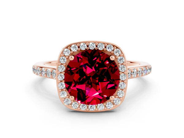 Rose gold Round Cut Garnet Halo Engagement Ring with Round Pavé Shoulders and Prong Setting