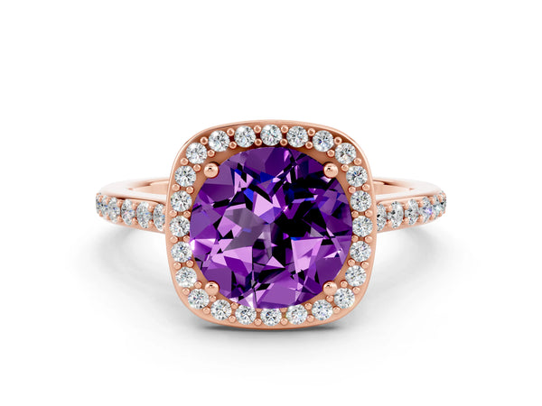 Rose gold Round Cut Amethyst Halo Engagement Ring with Round Pavé Shoulders and Prong Setting