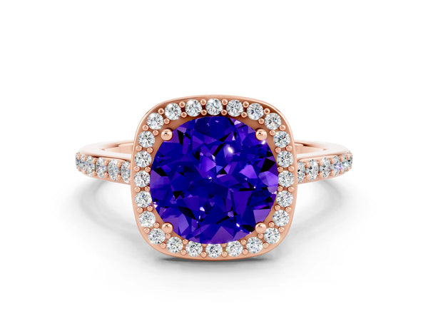 Rose gold Round Cut Tanzanite Halo Engagement Ring with Round Pavé Shoulders and Prong Setting