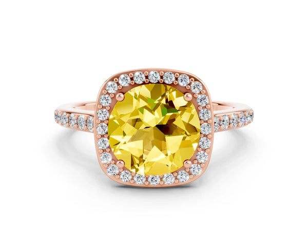 Rose gold Round Cut Yellow Sapphire Halo Engagement Ring with Round Pavé Shoulders and Prong Setting