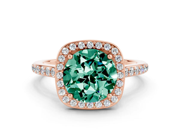 Rose gold Round Cut Green Sapphire Halo Engagement Ring with Round Pavé Shoulders and Prong Setting
