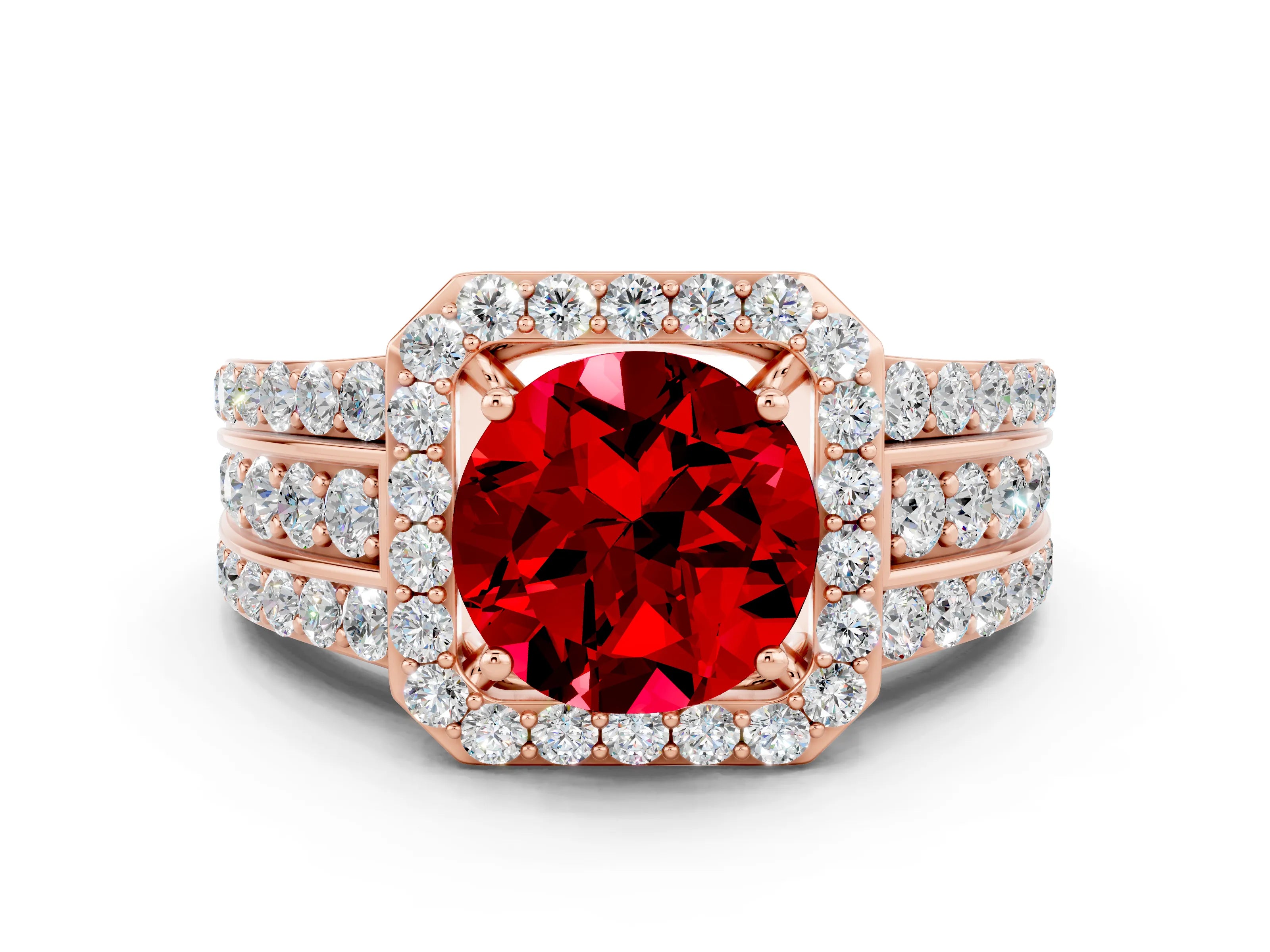 Rose gold Round Cut Halo Ruby Ring with Split Shank and Four-Prong Setting