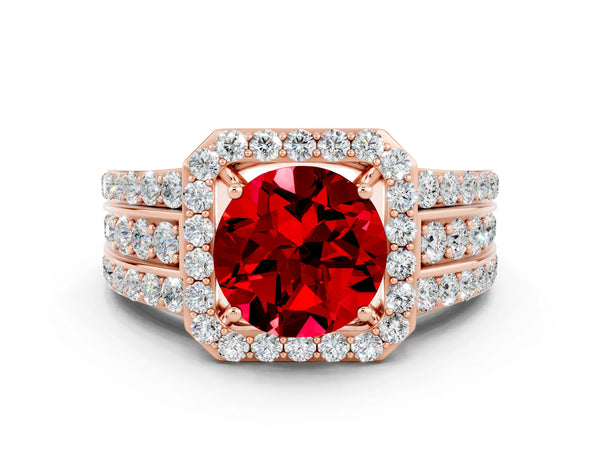 Rose gold Round Cut Halo Ruby Ring with Round  Split Shank and Prong Setting