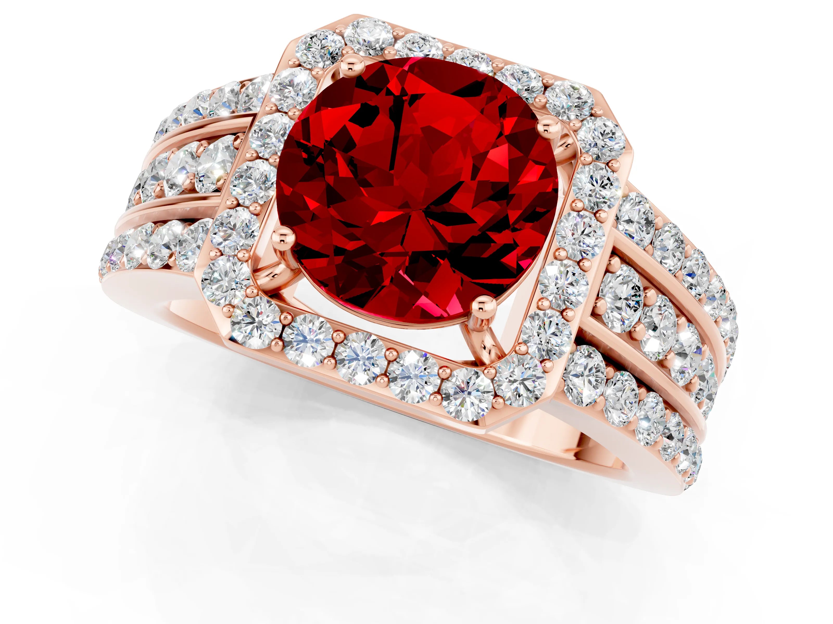 Rose gold Round Cut Halo Ruby Ring with Split Shank and Four-Prong Setting_1