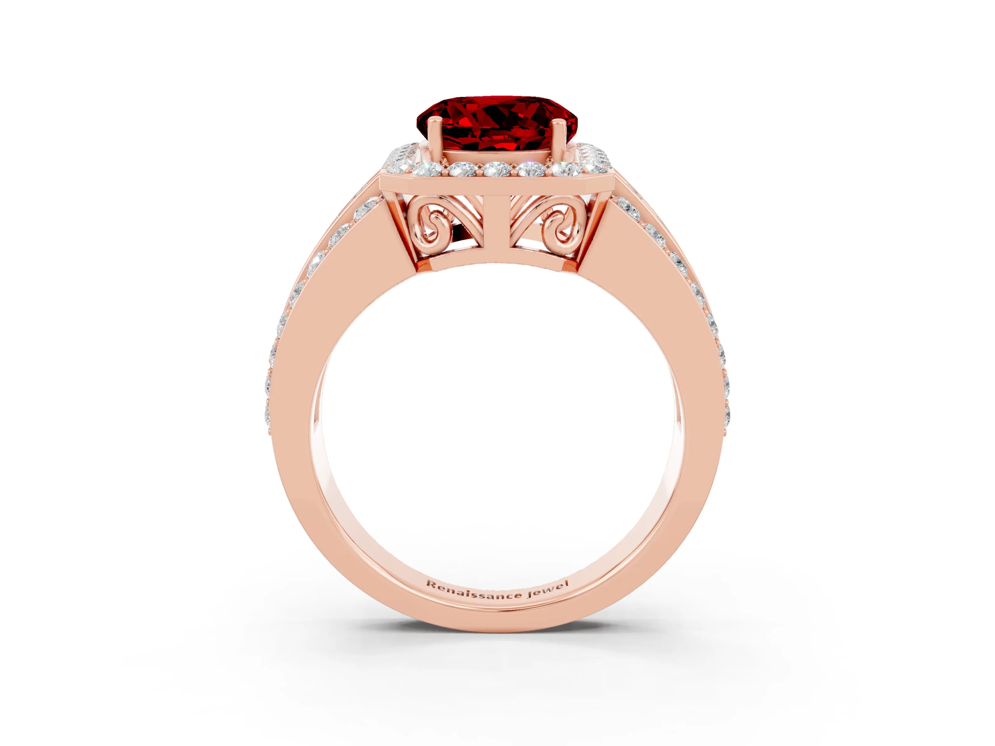 Rose gold Round Cut Halo Ruby Ring with Split Shank and Four-Prong Setting_3