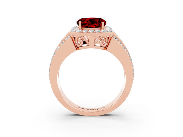 Rose gold Round Cut Halo Ruby Ring with Round  Split Shank and Prong Setting