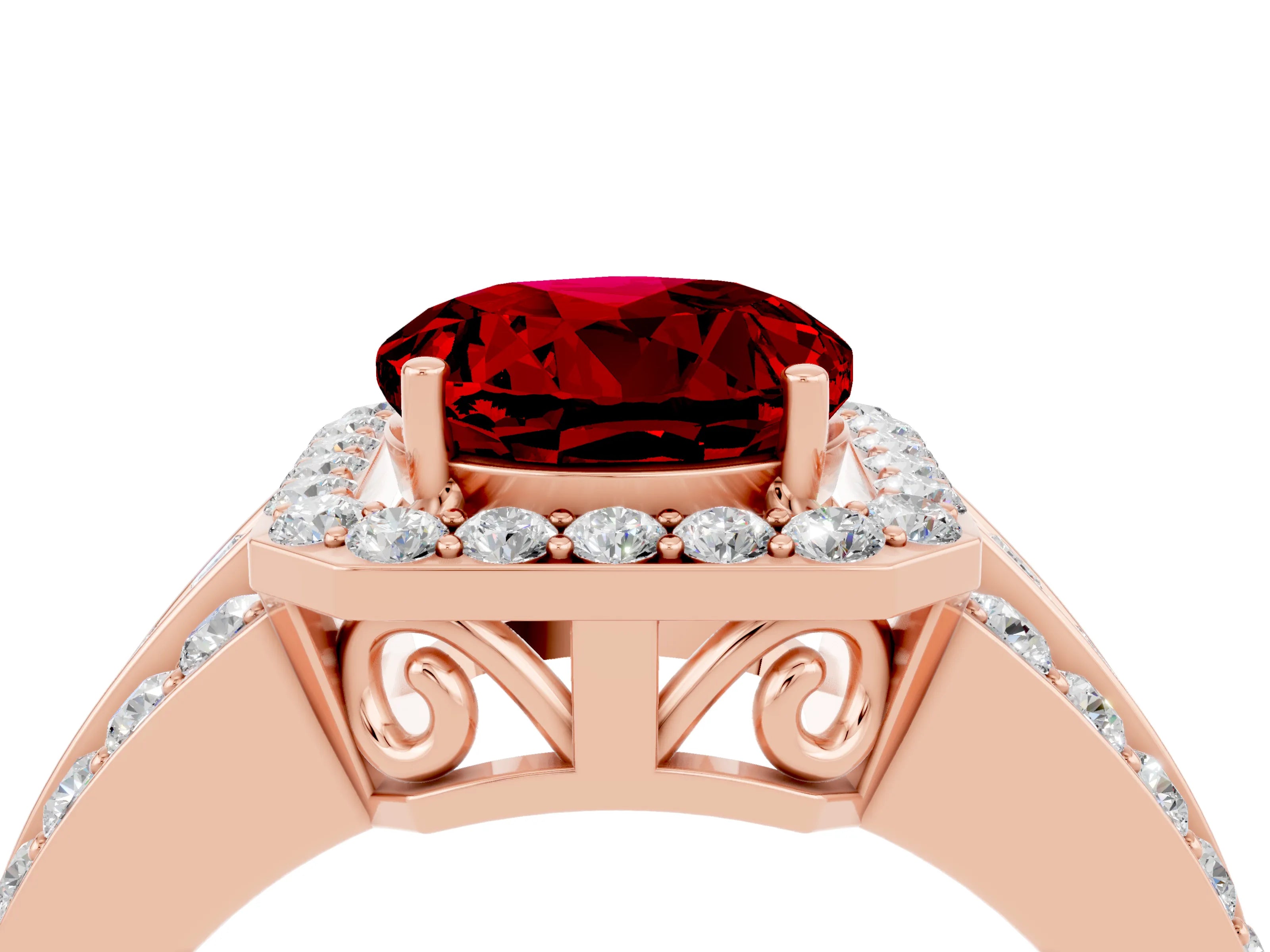 Rose gold Round Cut Halo Ruby Ring with Split Shank and Four-Prong Setting_4