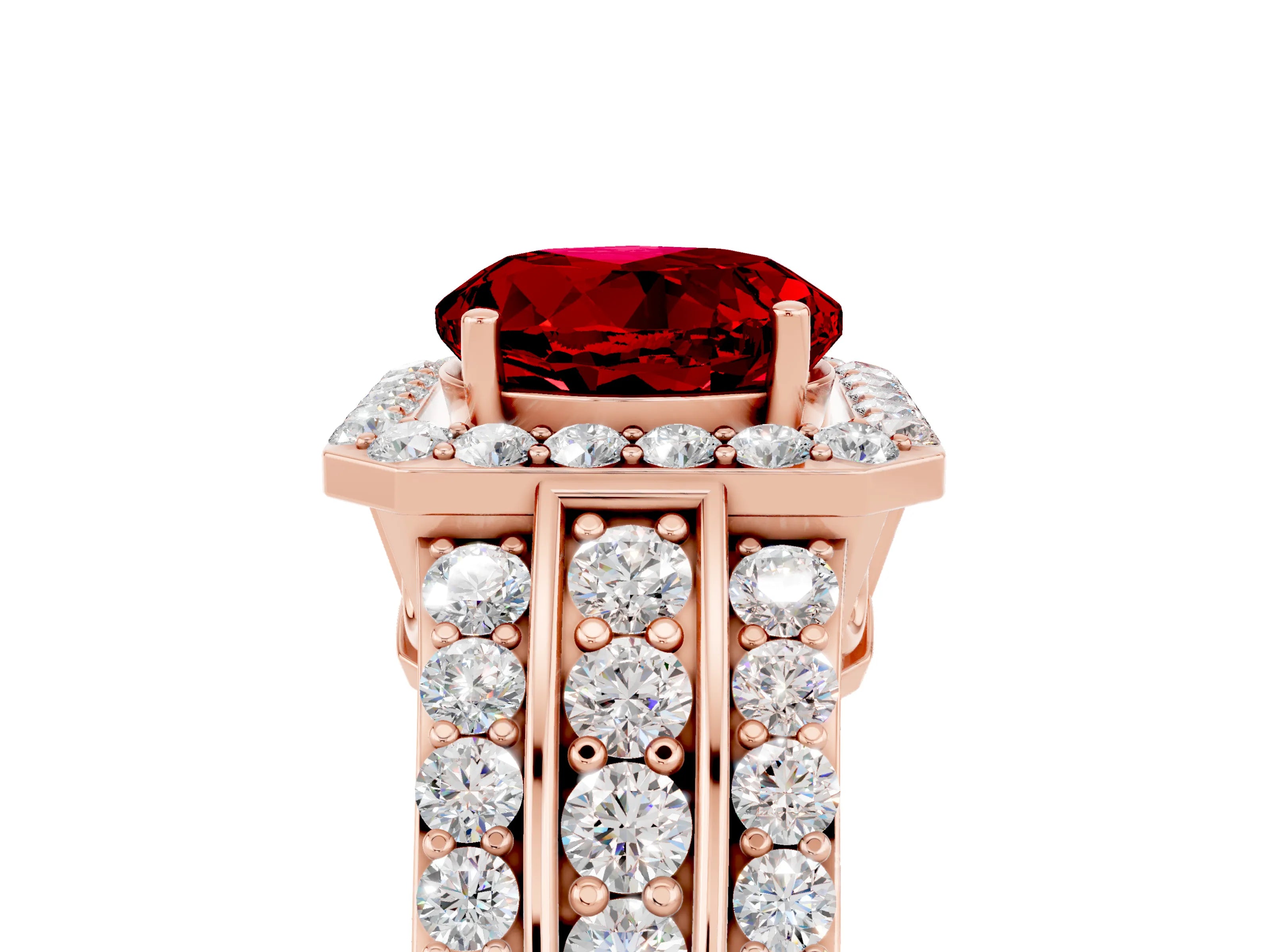 Rose gold Round Cut Halo Ruby Ring with Split Shank and Four-Prong Setting_5
