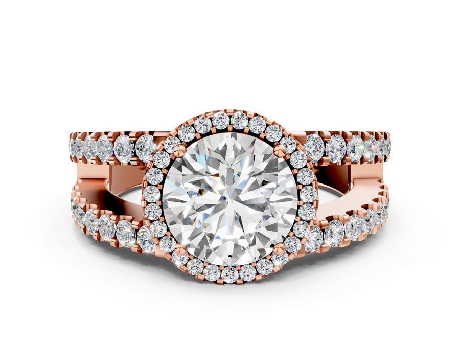 Rose gold Round Cut Halo Split Shank Diamond Ring with Four-Prong Setting