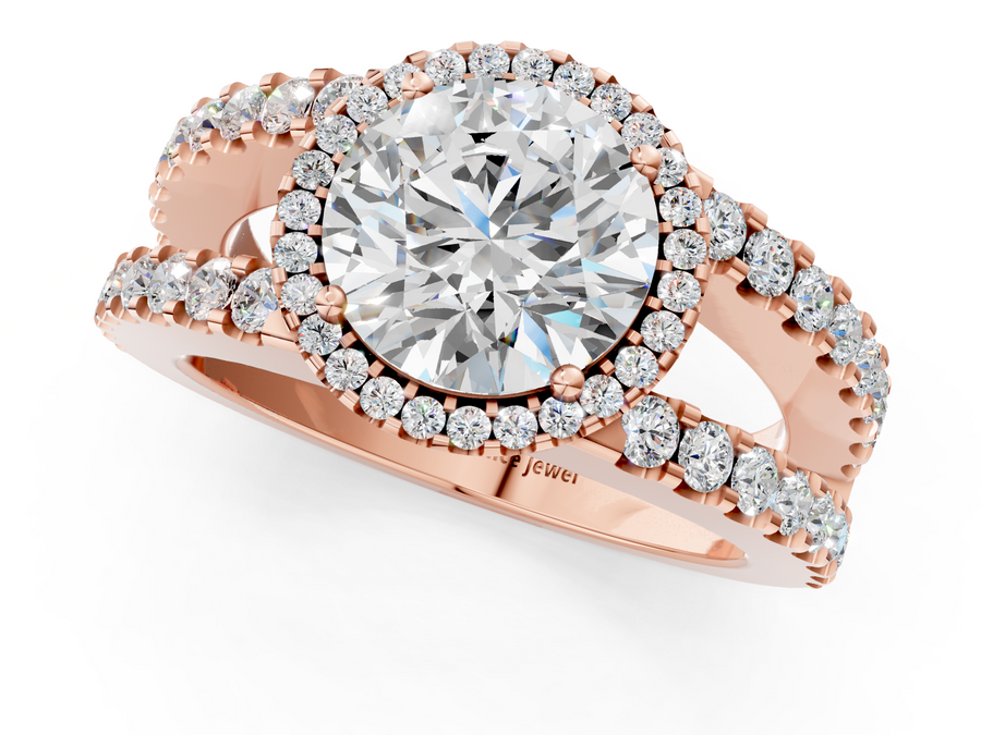 Rose gold Round Cut Halo Split Shank Diamond Ring with Four-Prong Setting