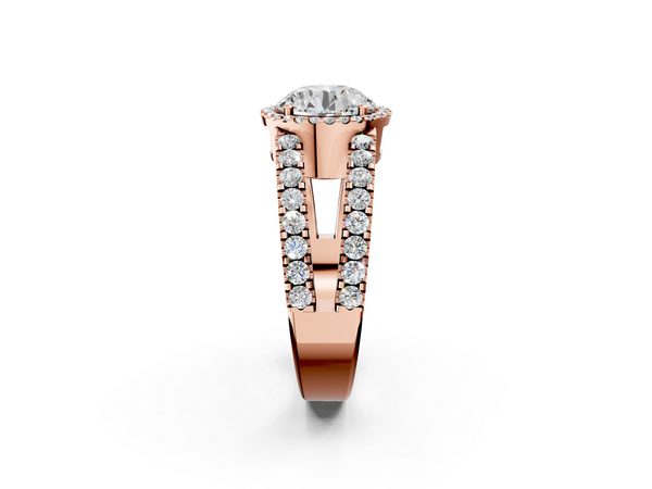 Rose gold Round Cut Halo Split Shank Diamond Ring with Four-Prong Setting