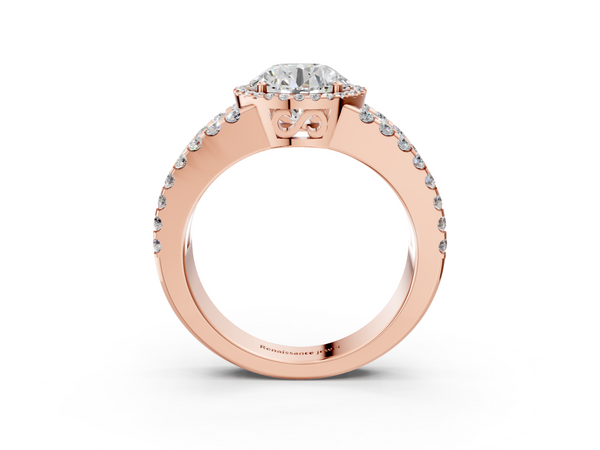 Rose gold Round Cut Halo Split Shank Diamond Ring with Four-Prong Setting